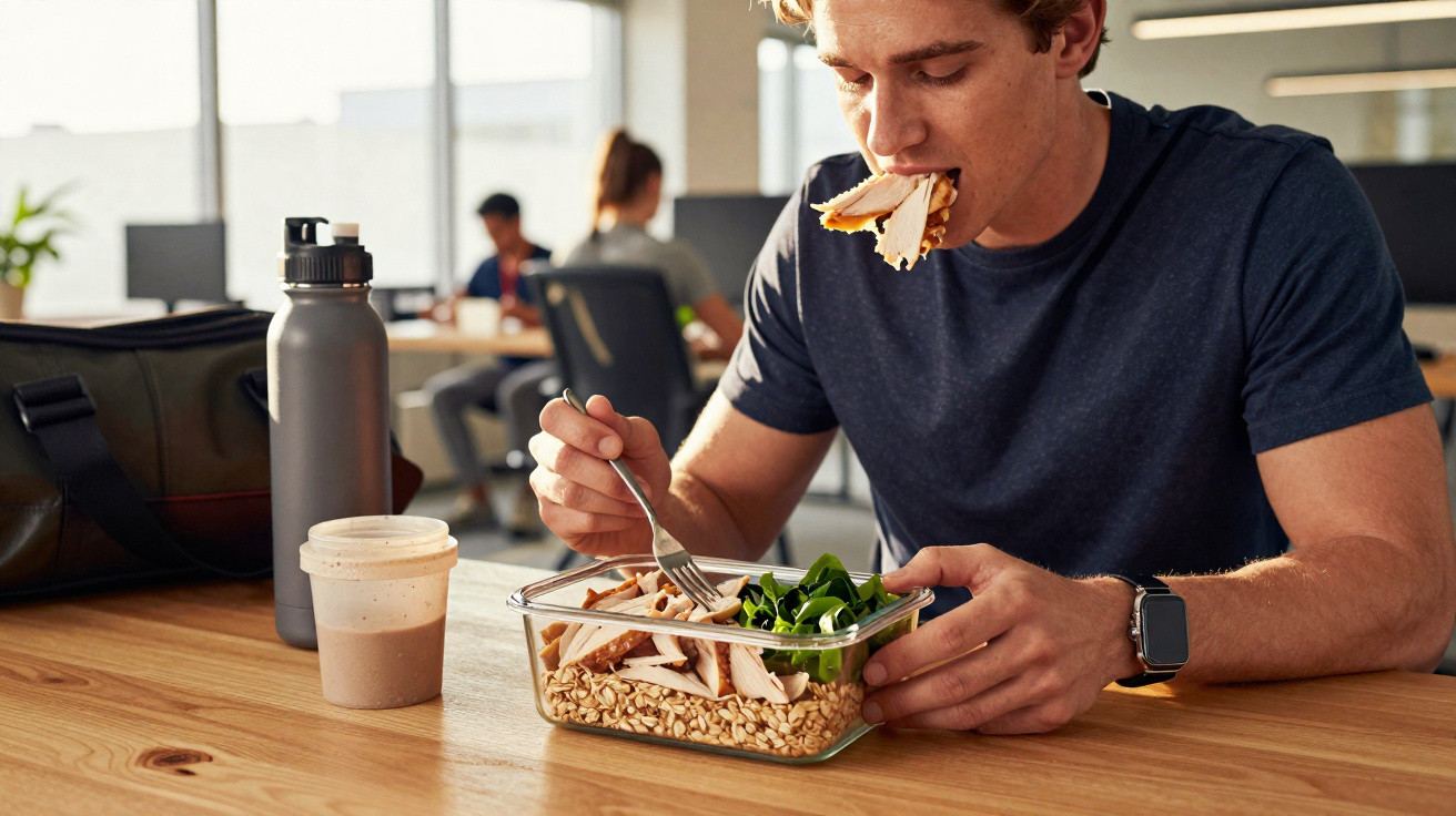 Homem em camiseta azul comendo sanduíche e salada em pote sobre mesa de madeira em ambiente iluminado.