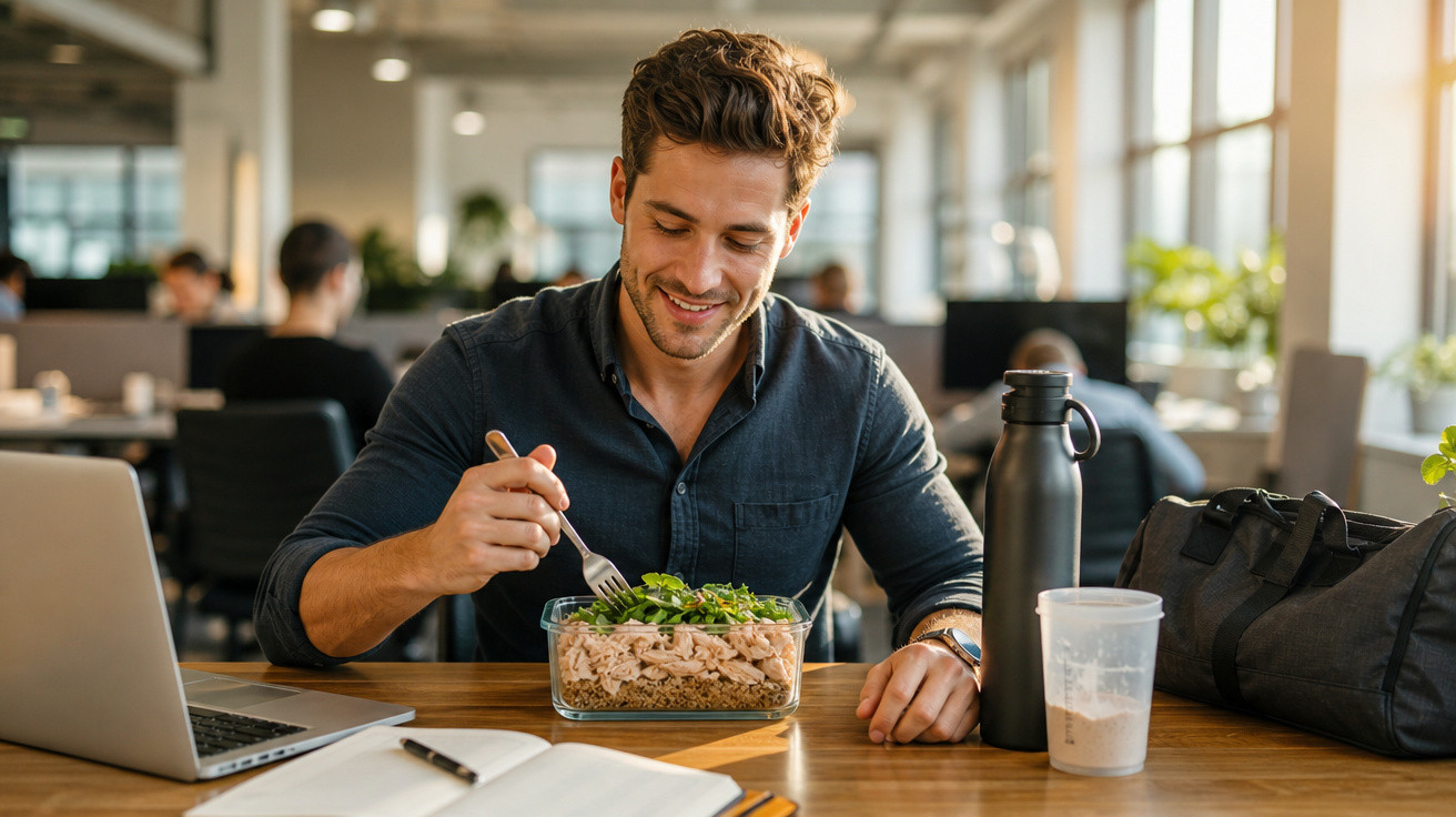 Homem sorridente almoçando salada em recipiente de vidro em mesa com laptop, garrafa e mochila.