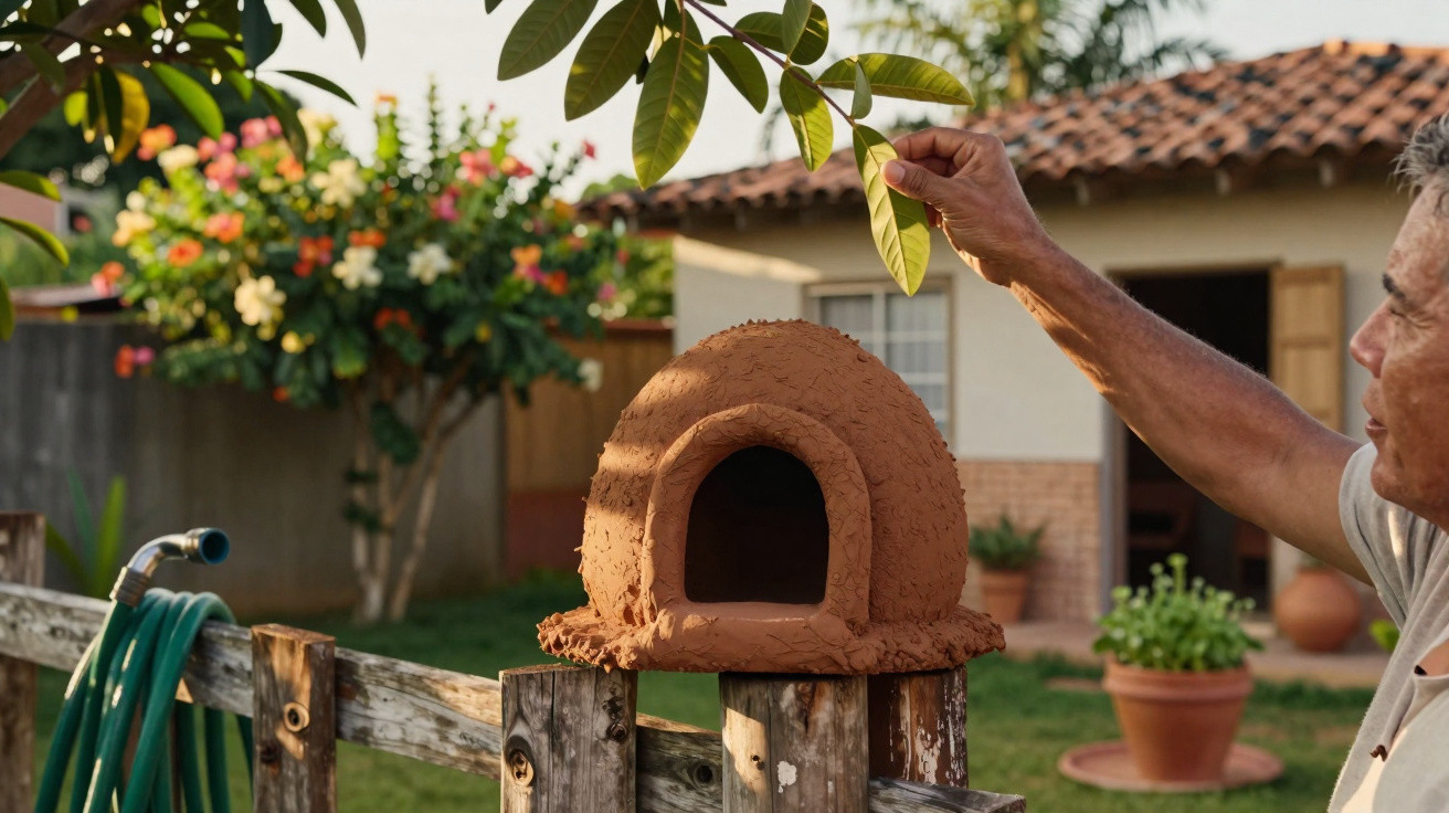 Casinha de barro para passarinho num quintal com árvore, cerca de madeira e plantações ao fundo.
