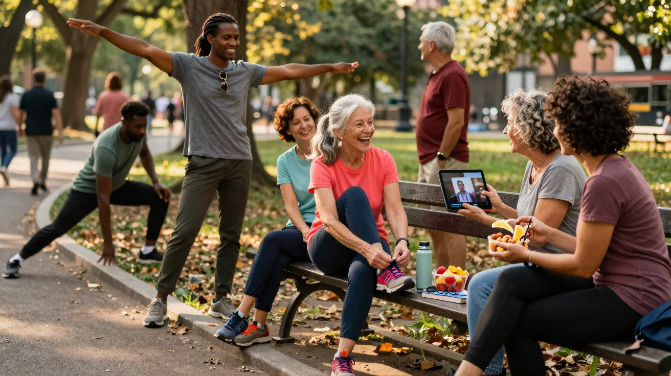Grupo de pessoas de diferentes idades se exercitando e conversando em um parque ensolarado.