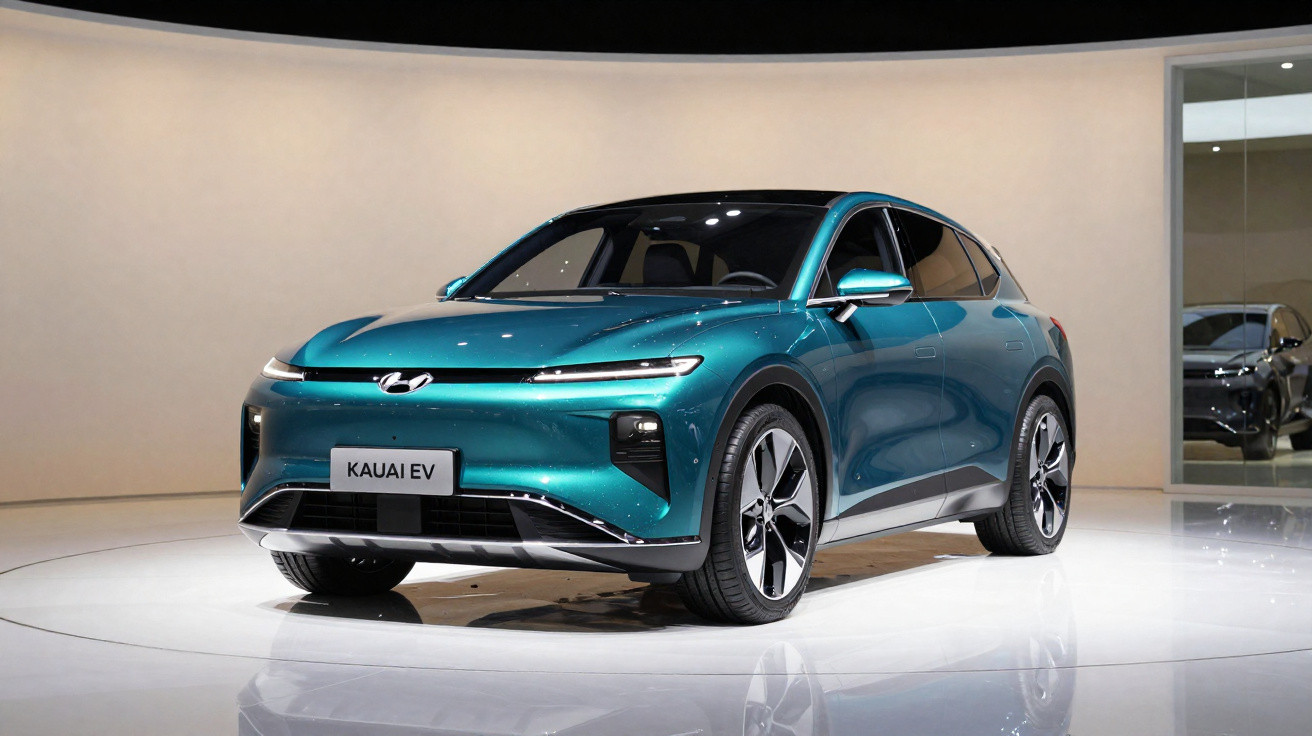 Carro elétrico Hyundai Kauai EV azul exibido em salão com iluminação branca.