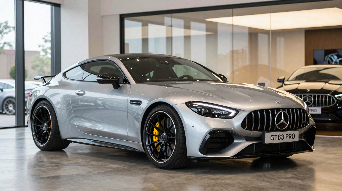 Carro esportivo prata Mercedes-Benz GT63 PRO em showroom moderno com piso de concreto e grandes janelas.