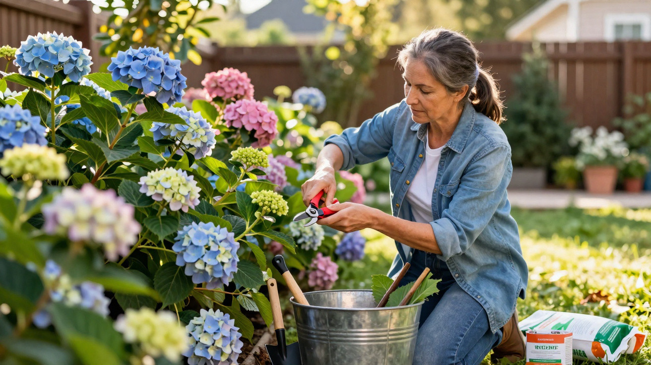 Mulher cuidando de hortênsias coloridas em jardim ensolarado, com ferramentas de jardinagem ao lado.