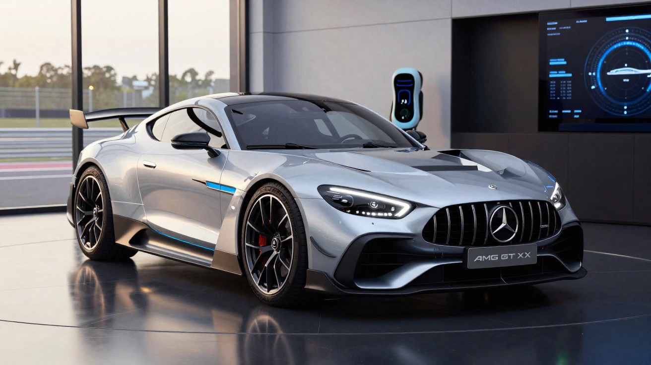 Carro esportivo Mercedes AMG GT XX prata em exposição com rodas pretas e detalhes azuis.