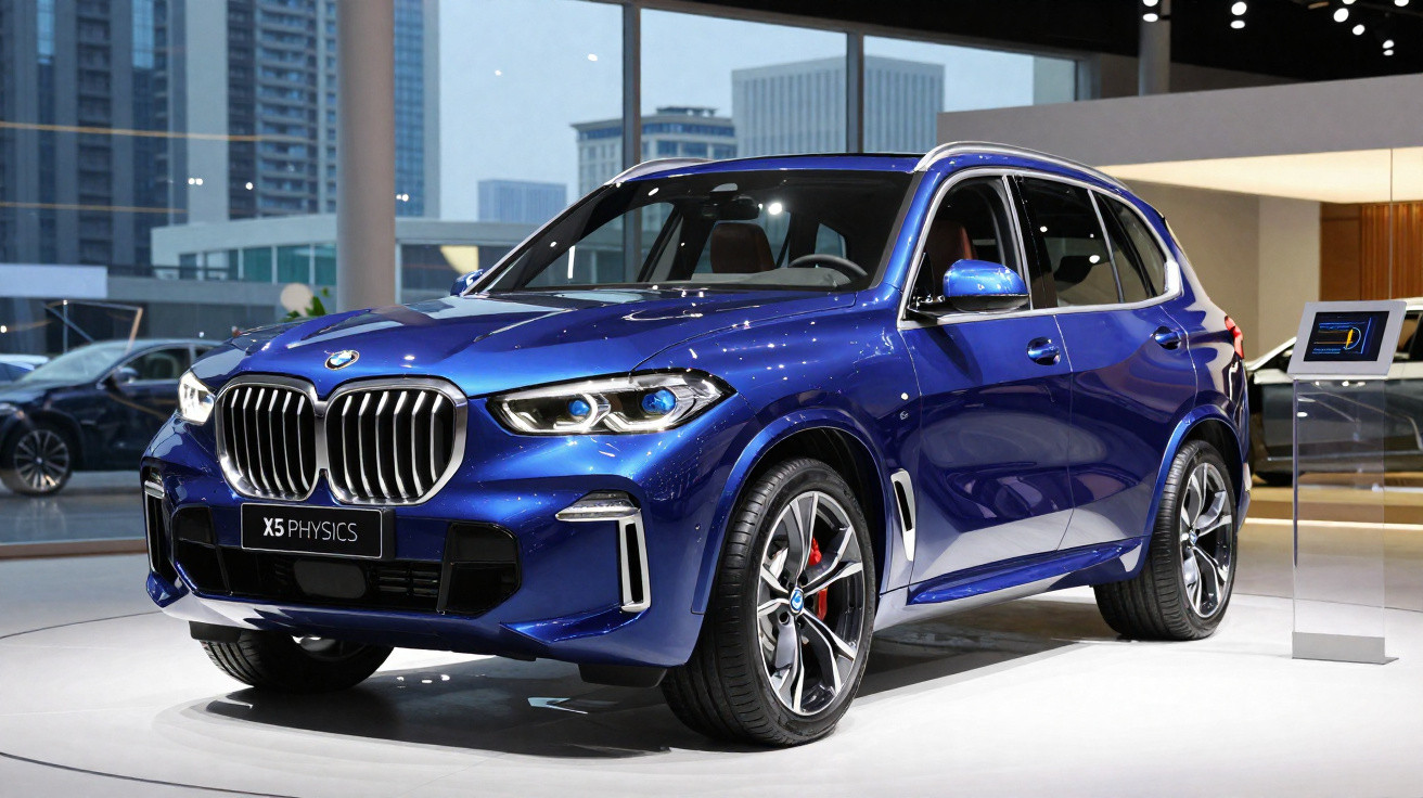 Carro SUV BMW X5 azul em exposição em ambiente interno com grandes janelas ao fundo.