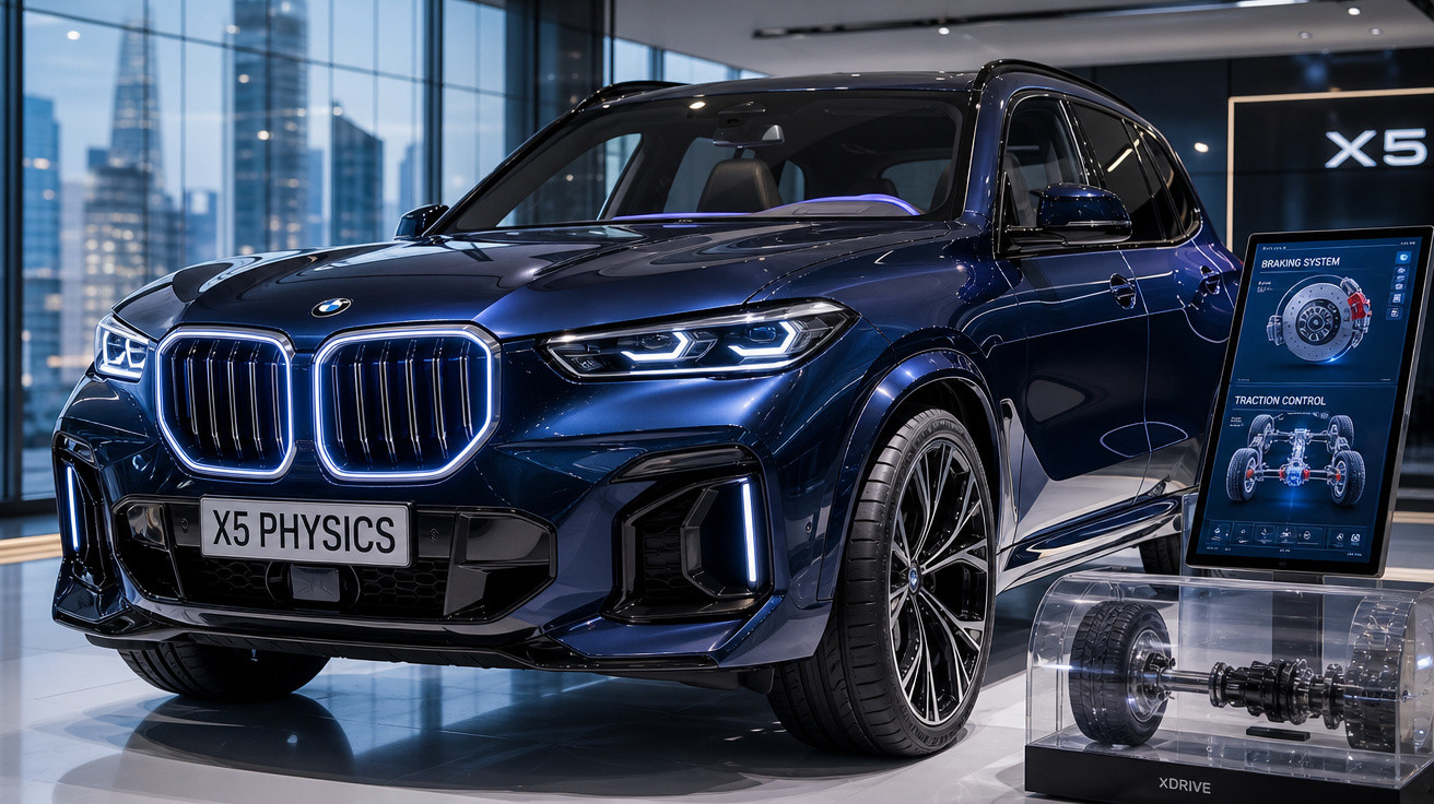 Carro SUV BMW X5 azul expositor em showroom moderno com display tecnológico ao lado.