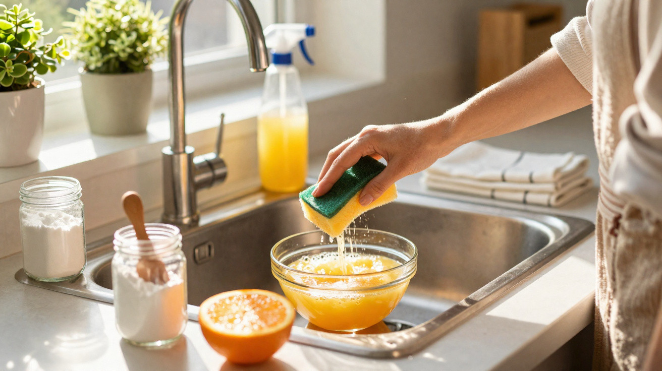 Pessoa espremendo uma esponja sobre uma tigela com suco de laranja na pia da cozinha.