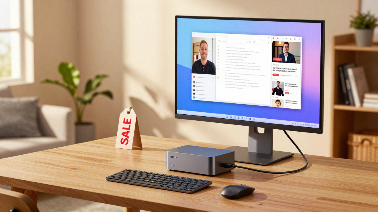 Computador desktop com monitor, teclado e mouse sobre mesa de madeira em ambiente organizado.