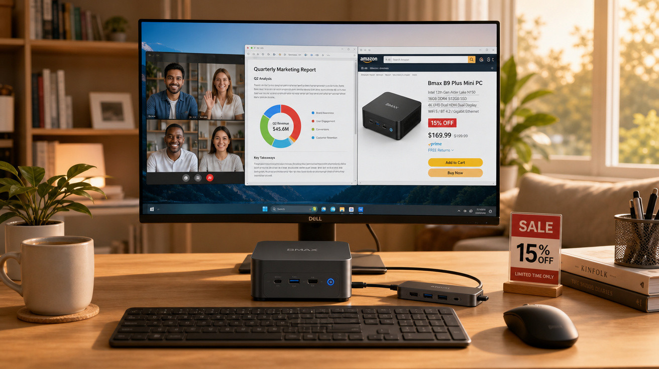 Mesa de escritório com computador Dell, mini PC Bmax e acessórios, mostrando videochamada e relatório na tela.
