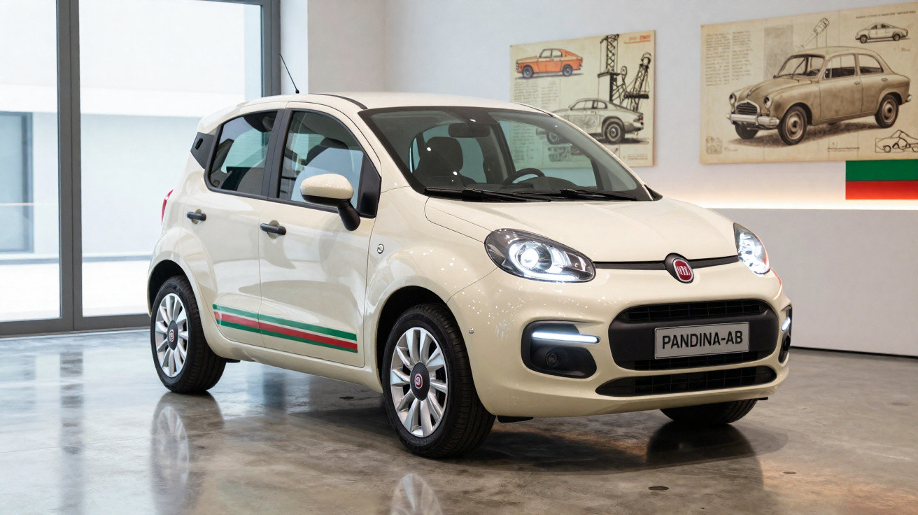 Carro Fiat Panda cor bege em exposição interna com faróis acesos e adesivo com as cores da Itália.