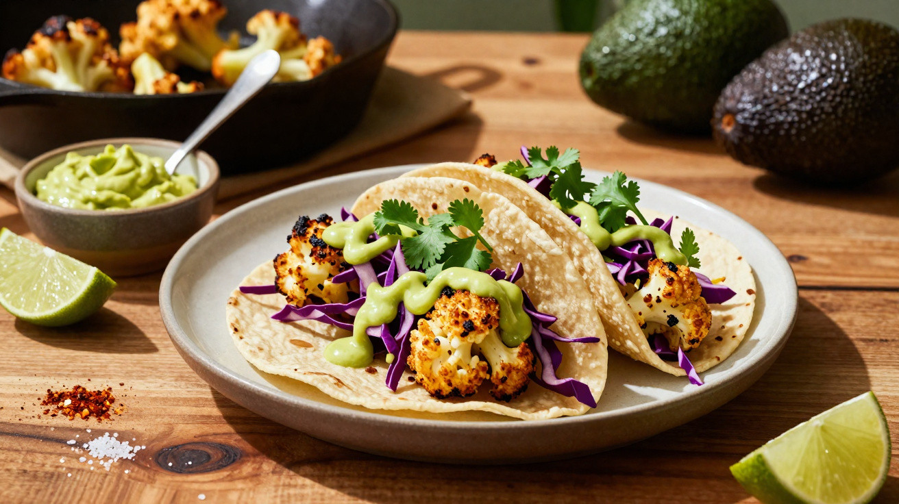 Dois tacos com couve-flor assada, repolho roxo, molho verde e coentro em prato cerâmico.