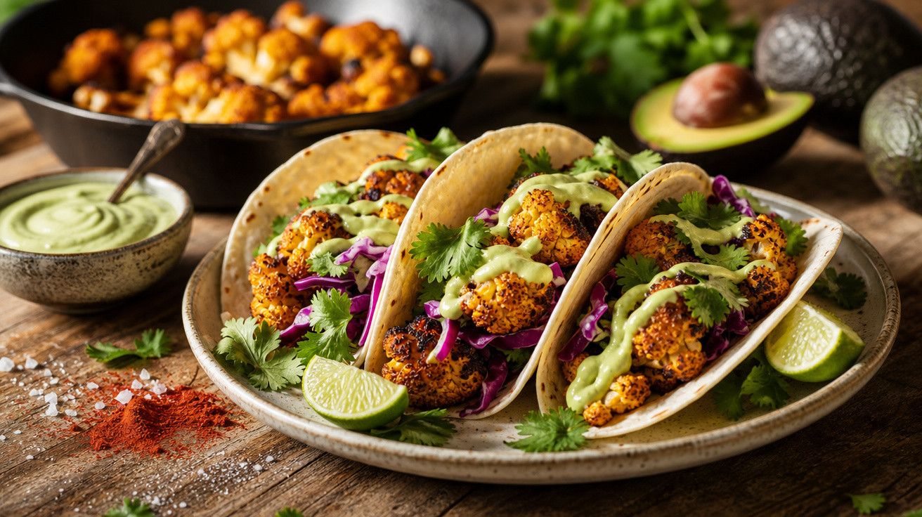 Três tacos vegetarianos com couve-flor assada, molho verde, coentro e fatias de limão em prato rústico.