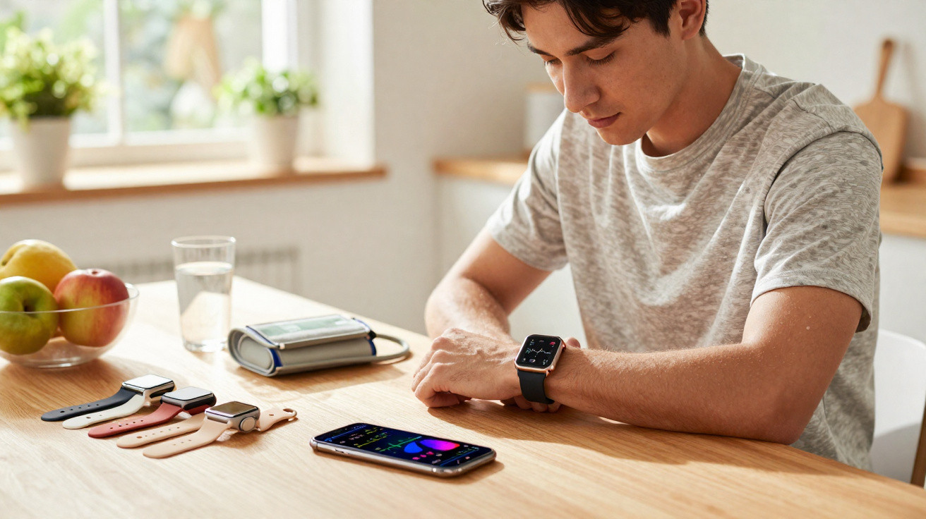 Jovem usando relógio inteligente, observando smartphone com quatro pulseiras extras e aparelho de pressão sobre mesa.