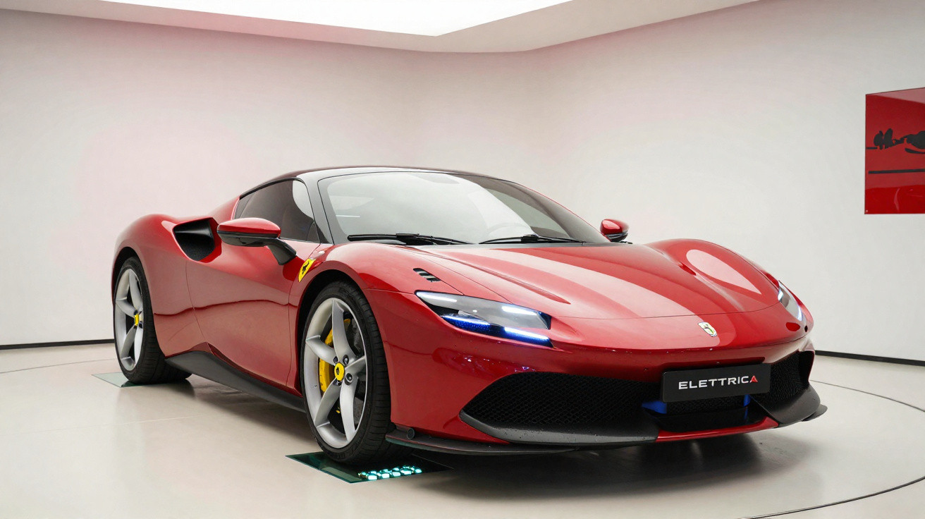 Carro esportivo vermelho Ferrari Elettrica em exposição com design moderno e luzes acesas.