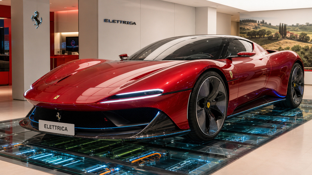 Carro esportivo elétrico Ferrari Elettrica vermelho em exposição interna com iluminação moderna.