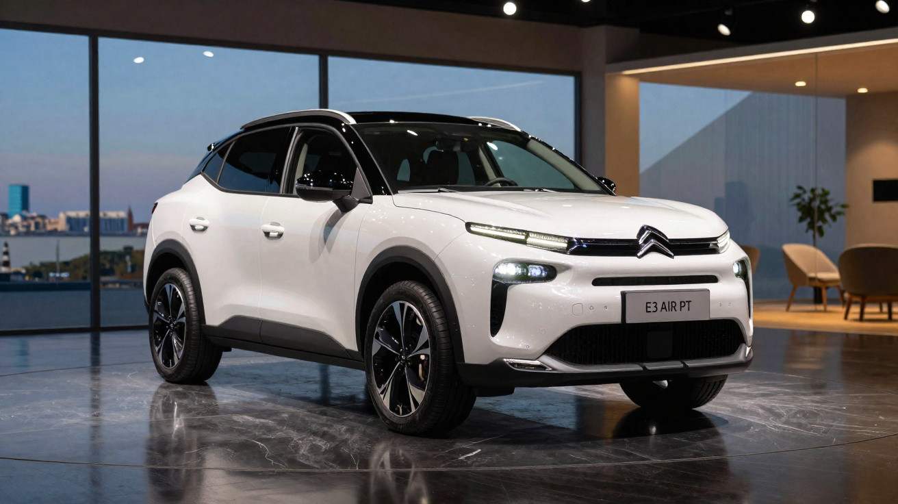 Carro SUV elétrico branco Citroën E3 Air PT em ambiente interno moderno, com luzes ligadas e design futurista.