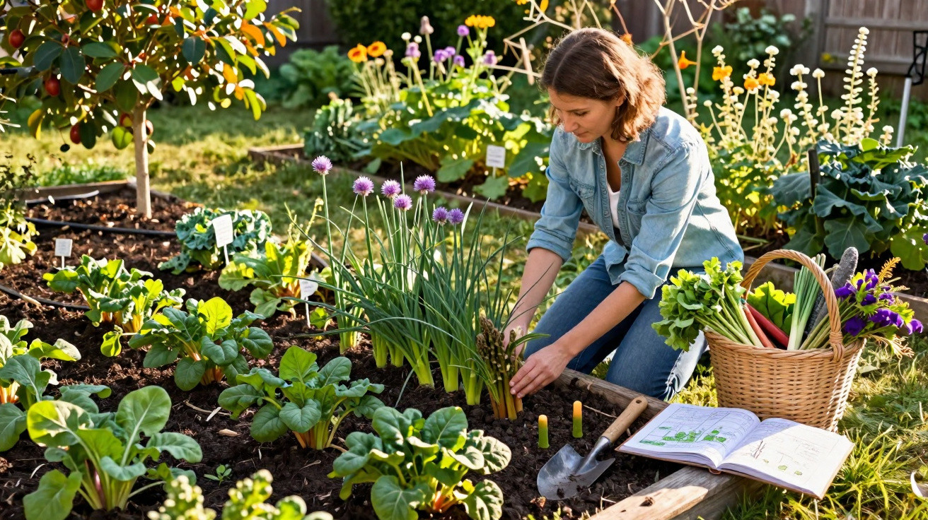 Mulher cuidando de hortaliças e flores em jardim com cesta de verduras e livro de plantas ao lado.