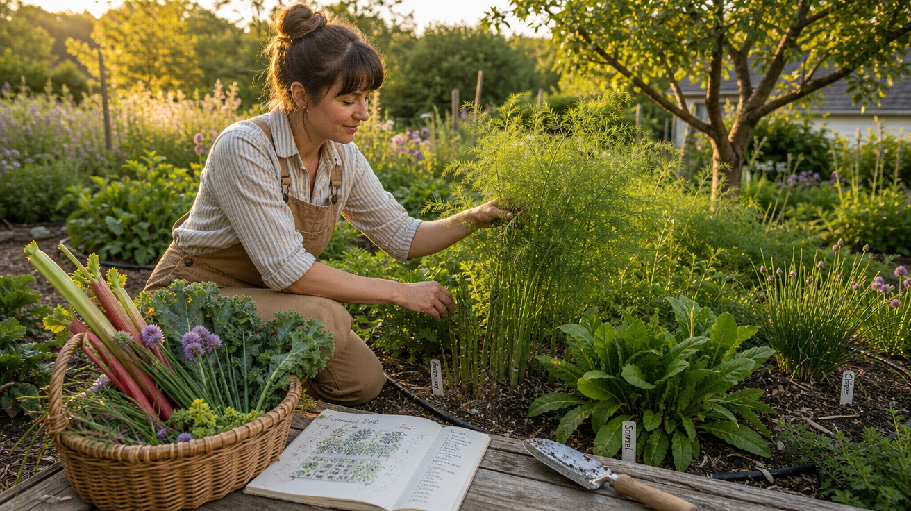 Mulher cuidando de plantas em horta orgânica ao ar livre com cesta e livro de jardinagem.