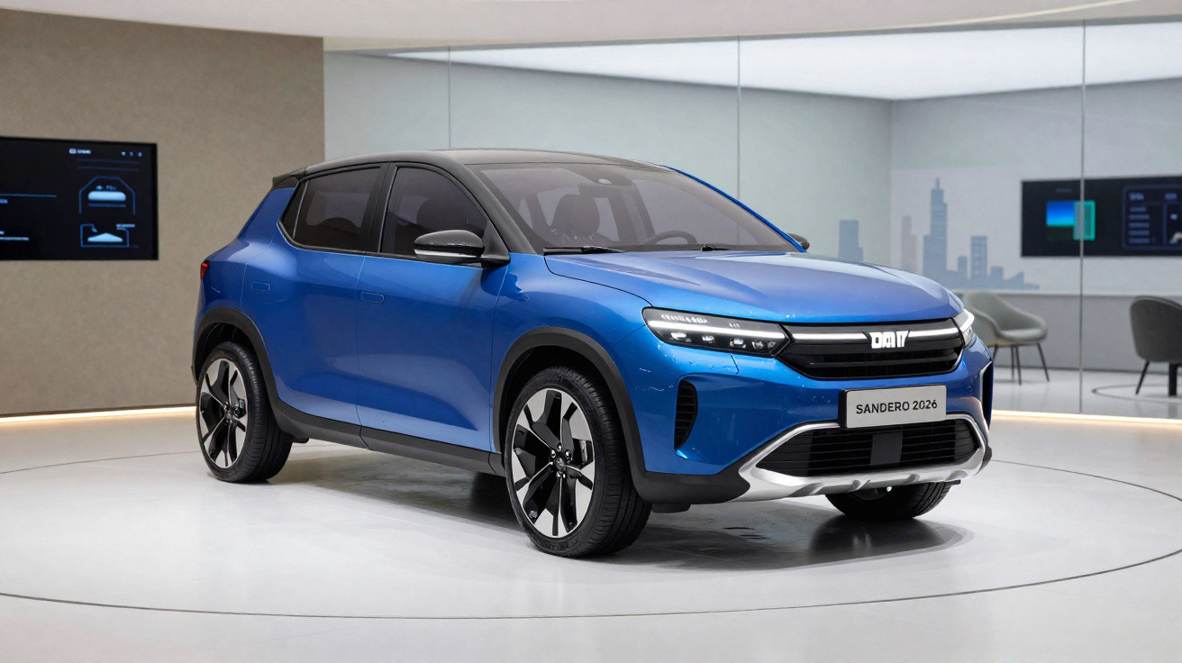 Carro azul DRIT Sandero 2026 em ambiente moderno com paredes espelhadas e iluminação suave.