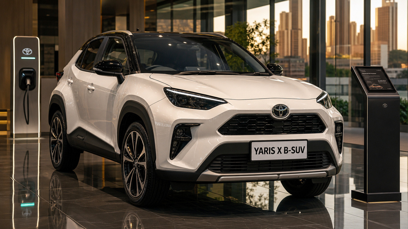Carro Toyota Yaris X B-SUV branco exibido em showroom moderno com carregador elétrico ao fundo.