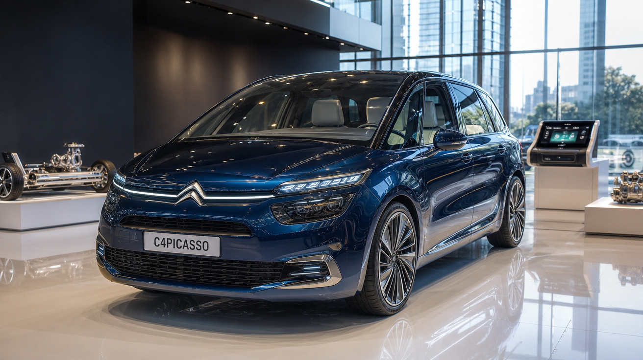 Carro Citroën C4 Picasso azul exibido em showroom moderno com chão branco e iluminação elegante.
