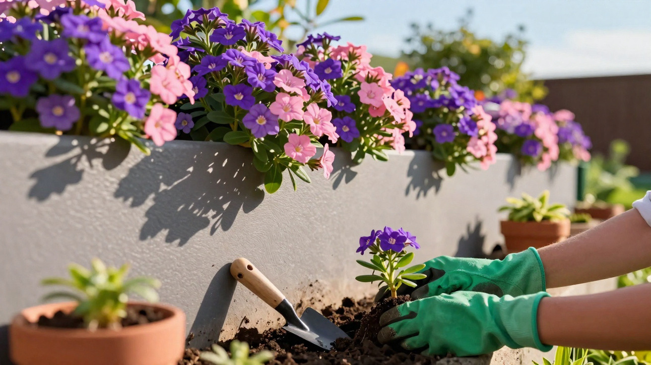 Pessoa plantando flor roxa em vaso com luvas verdes e flores rosas e roxas ao fundo em área externa.