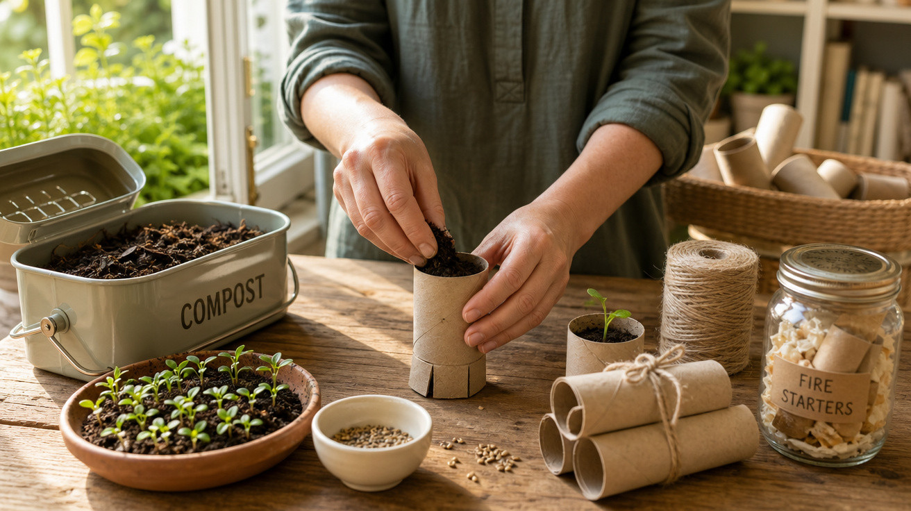 Pessoa plantando sementes em vasos biodegradáveis com compostagem e mudas em mesa de madeira.