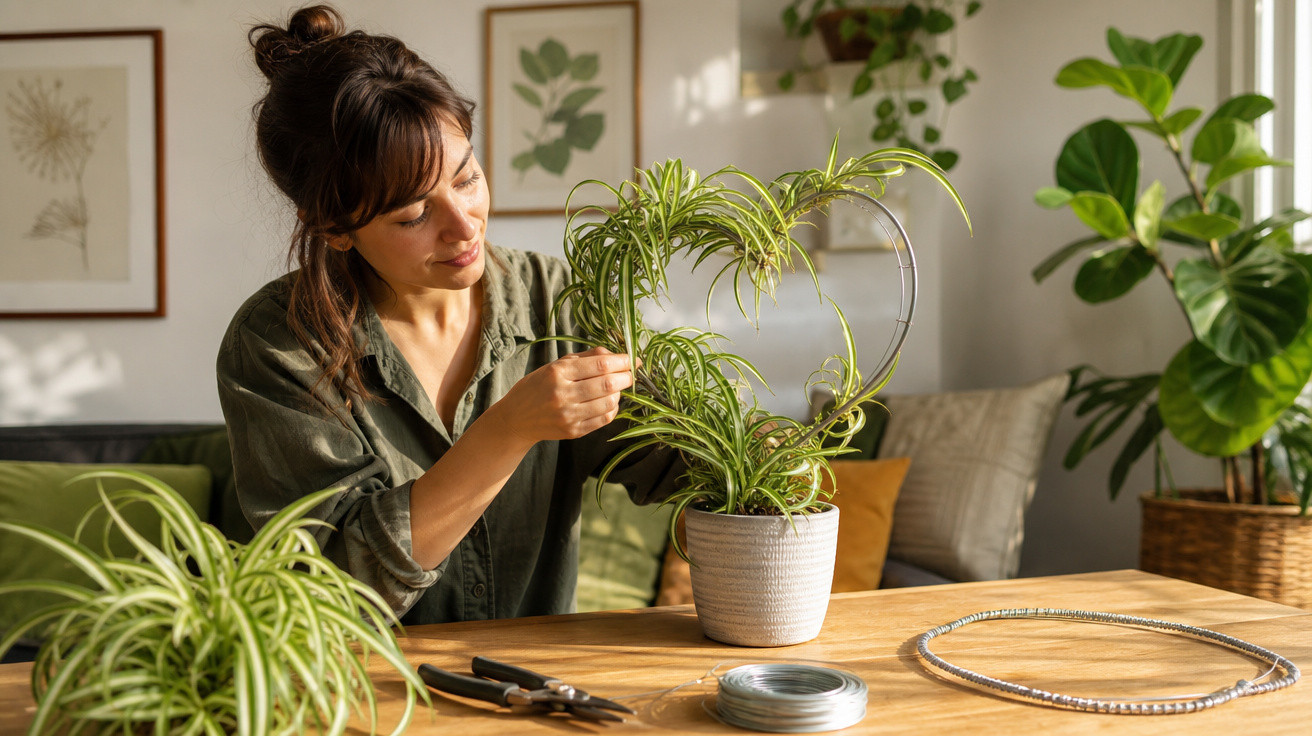 Mulher cuidando de planta em vaso decorado com estrutura em formato de coração em ambiente interno iluminado.