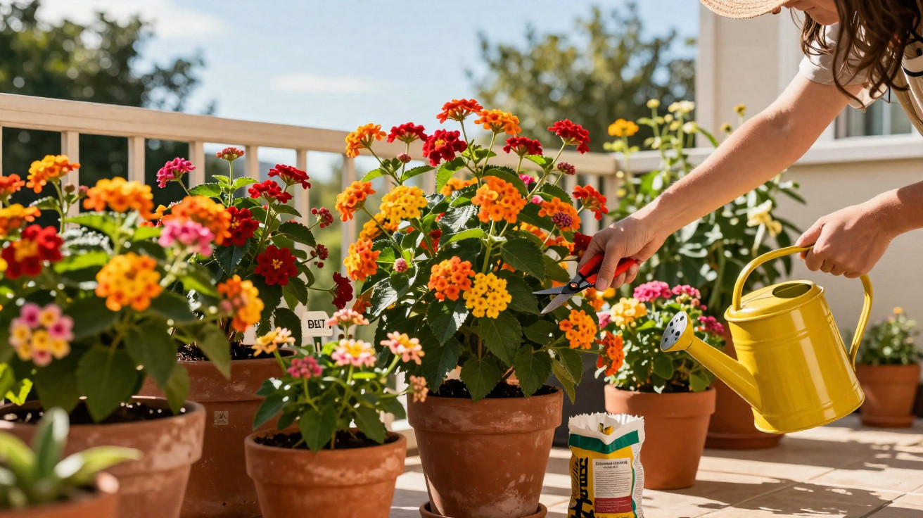 Pessoa cuidando de flores coloridas em vasos de barro em varanda ensolarada com regador amarelo.