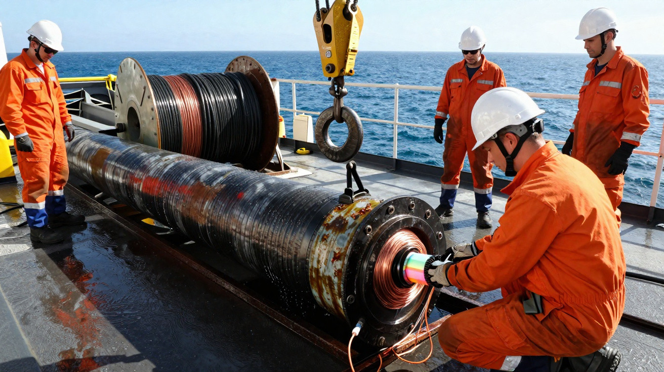 Quatro trabalhadores com roupas laranjas e capacetes brancos operam equipamento industrial em navio no mar.