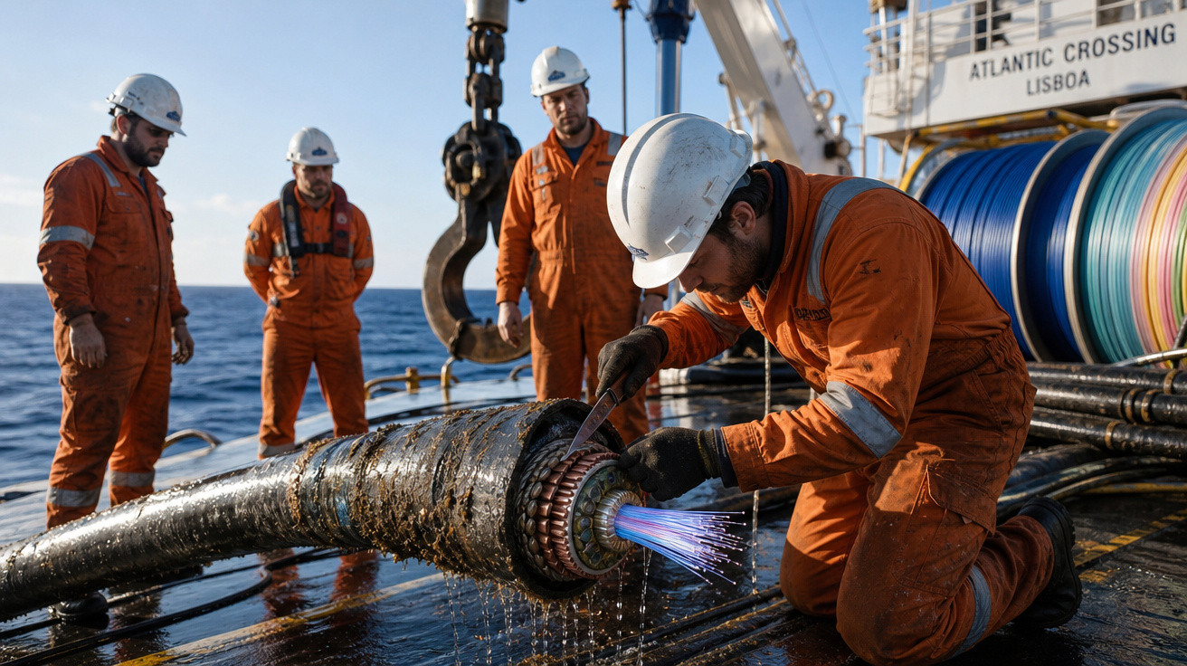 Trabalhadores com uniformes laranja e capacetes brancos inspecionam cabo submarino em plataforma no mar.