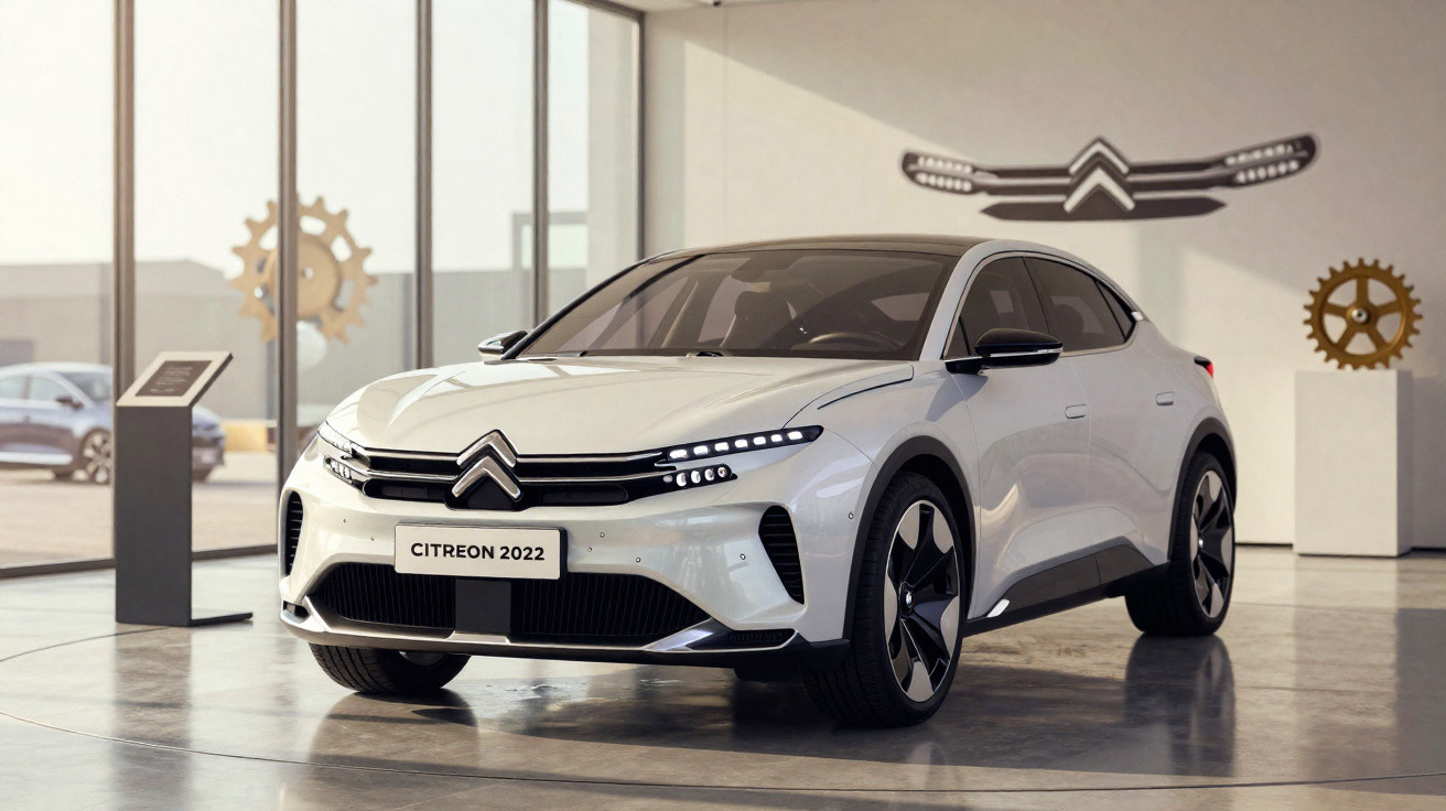 Carro elétrico branco Citroën 2022 em exposição interna com detalhes modernos e rodas pretas.