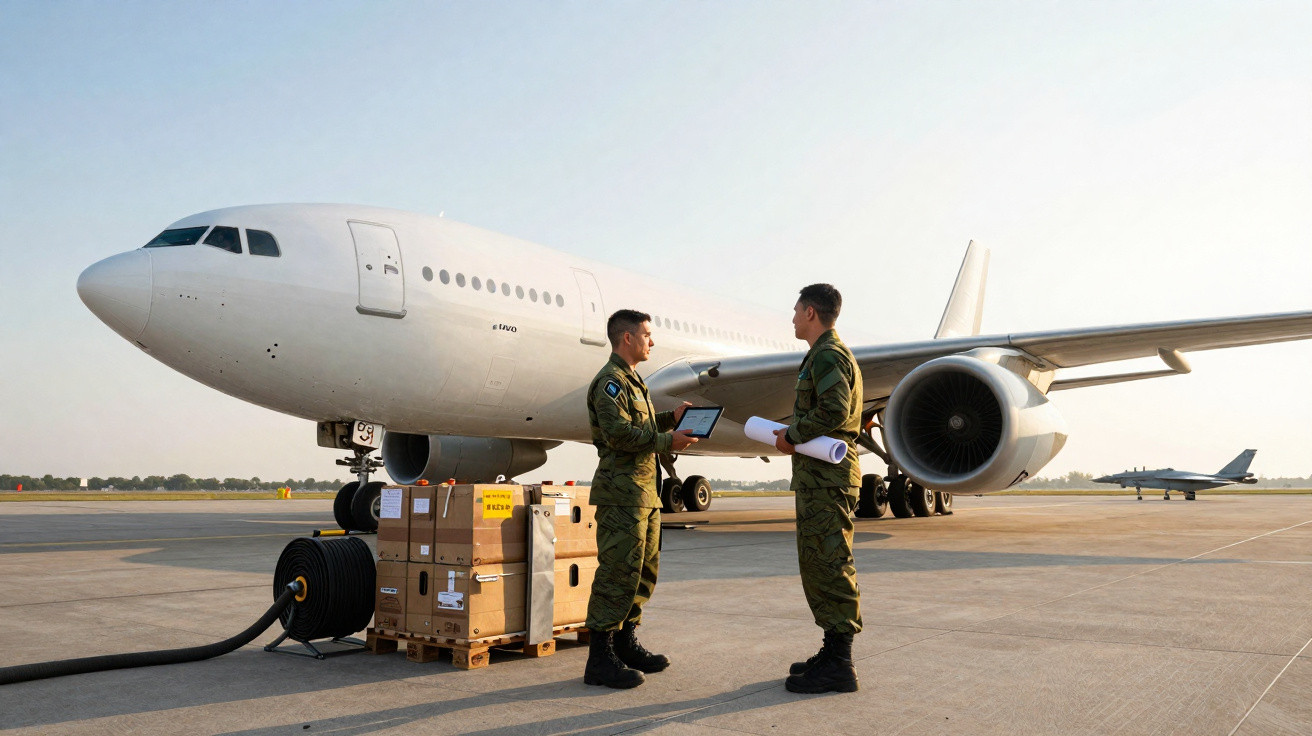 Dois militares em uniforme conversam em frente a avião branco estacionado em pista com caixas ao lado.