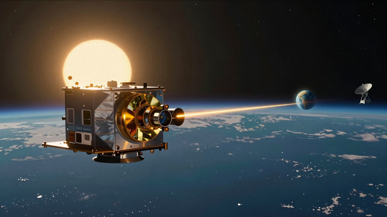 Satélite espacial com feixe luminoso apontado para a Terra, Sol ao fundo e antena parabólica em órbita.