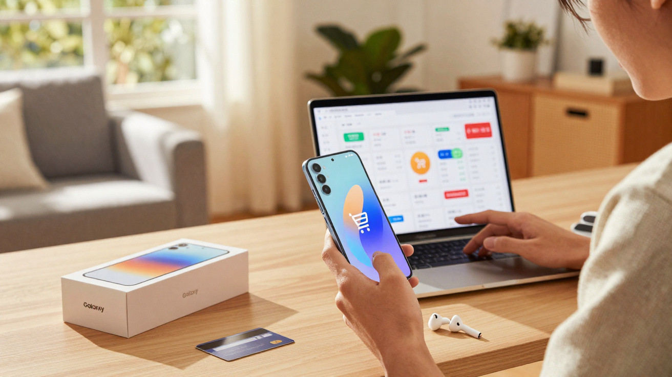 Pessoa realizando compra online no smartphone com notebook, caixa de celular e cartão sobre a mesa.