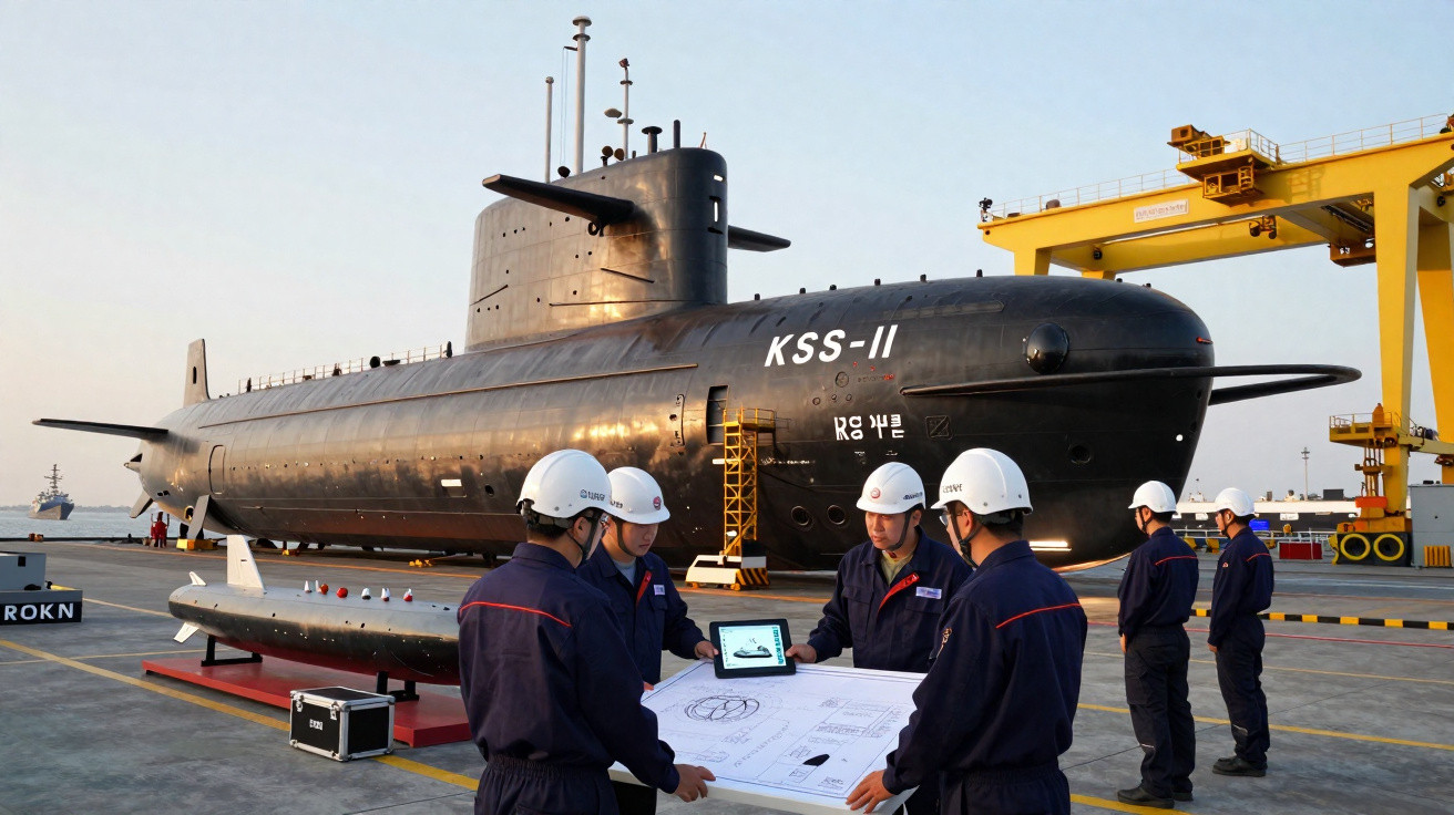 Submarino preto KSS-II com equipe militar revisando planta baixa em porto industrial.