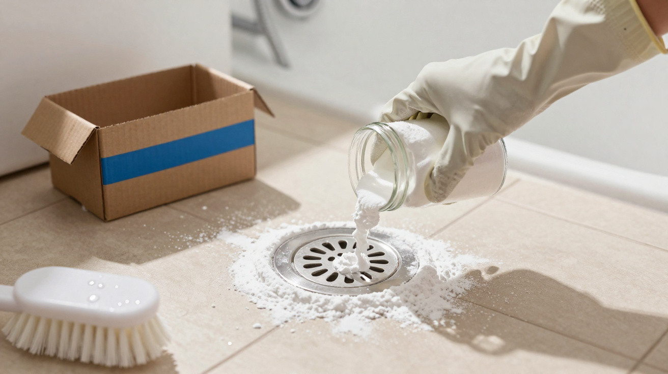 Mão com luva despejando pó branco em ralo no chão de azulejo com escova e caixa ao lado.