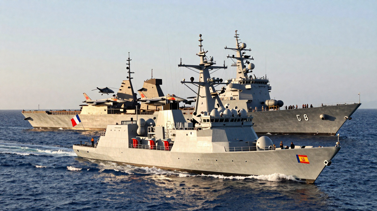 Dois navios de guerra modernos navegando em mar calmo, um com bandeira da Espanha e outro da França.
