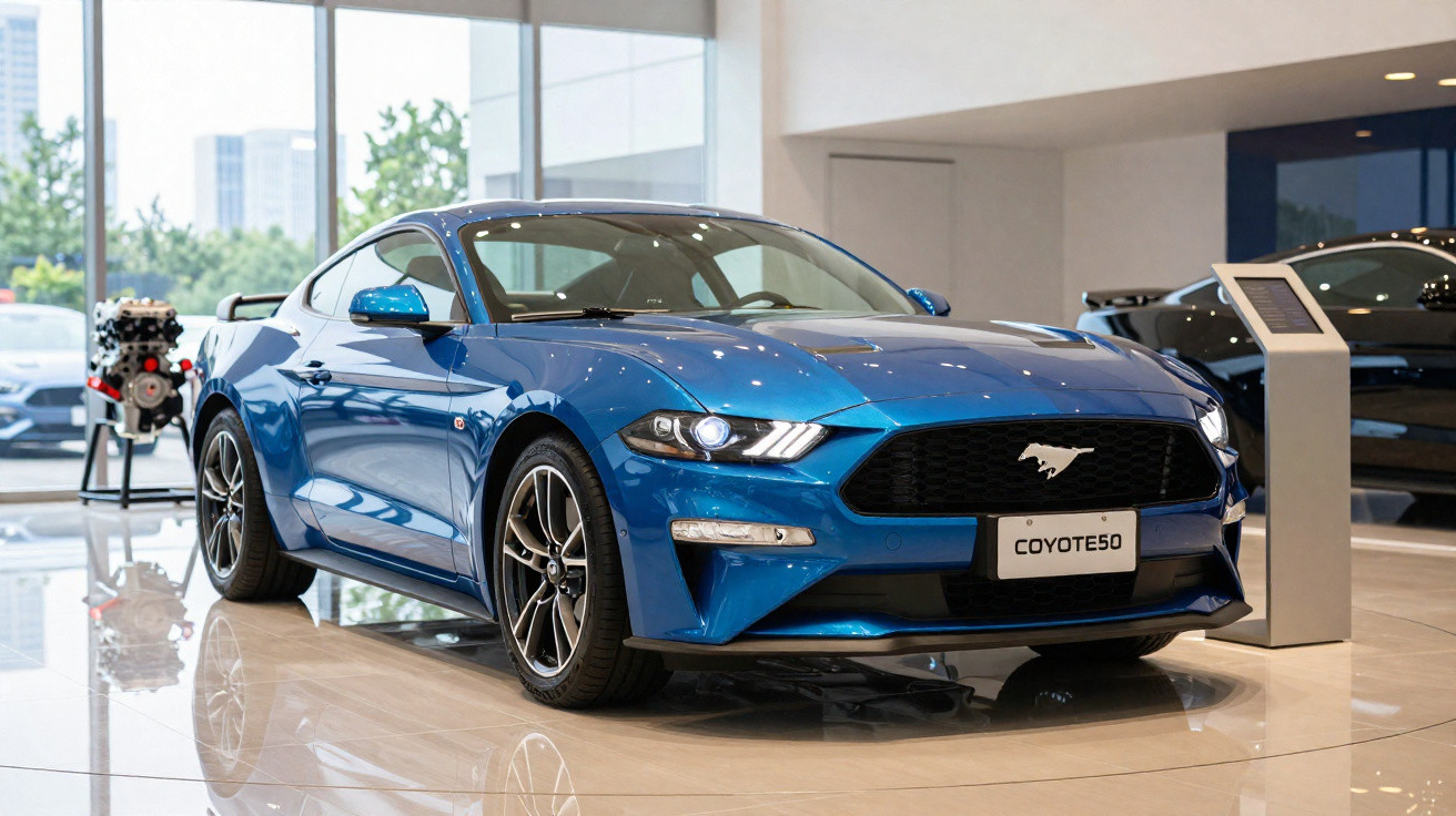 Carro esportivo azul Ford Mustang em exposição dentro de showroom moderno e iluminado.