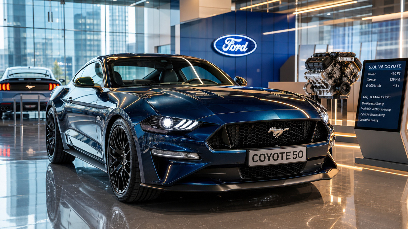 Carro Ford Mustang azul escuro exibido em showroom com motor exposto e placa "COYOTE 50".
