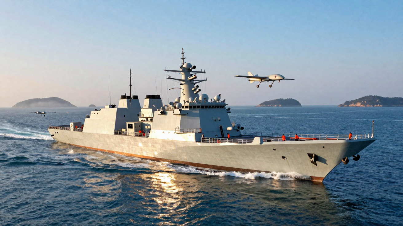 Navio militar cinza no mar com drone voando ao lado e ilhas ao fundo sob céu azul claro.