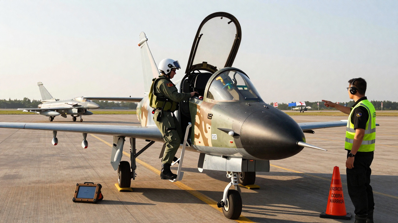 Piloto sobe em caça militar camuflado enquanto controlador de pista orienta em aeroporto.