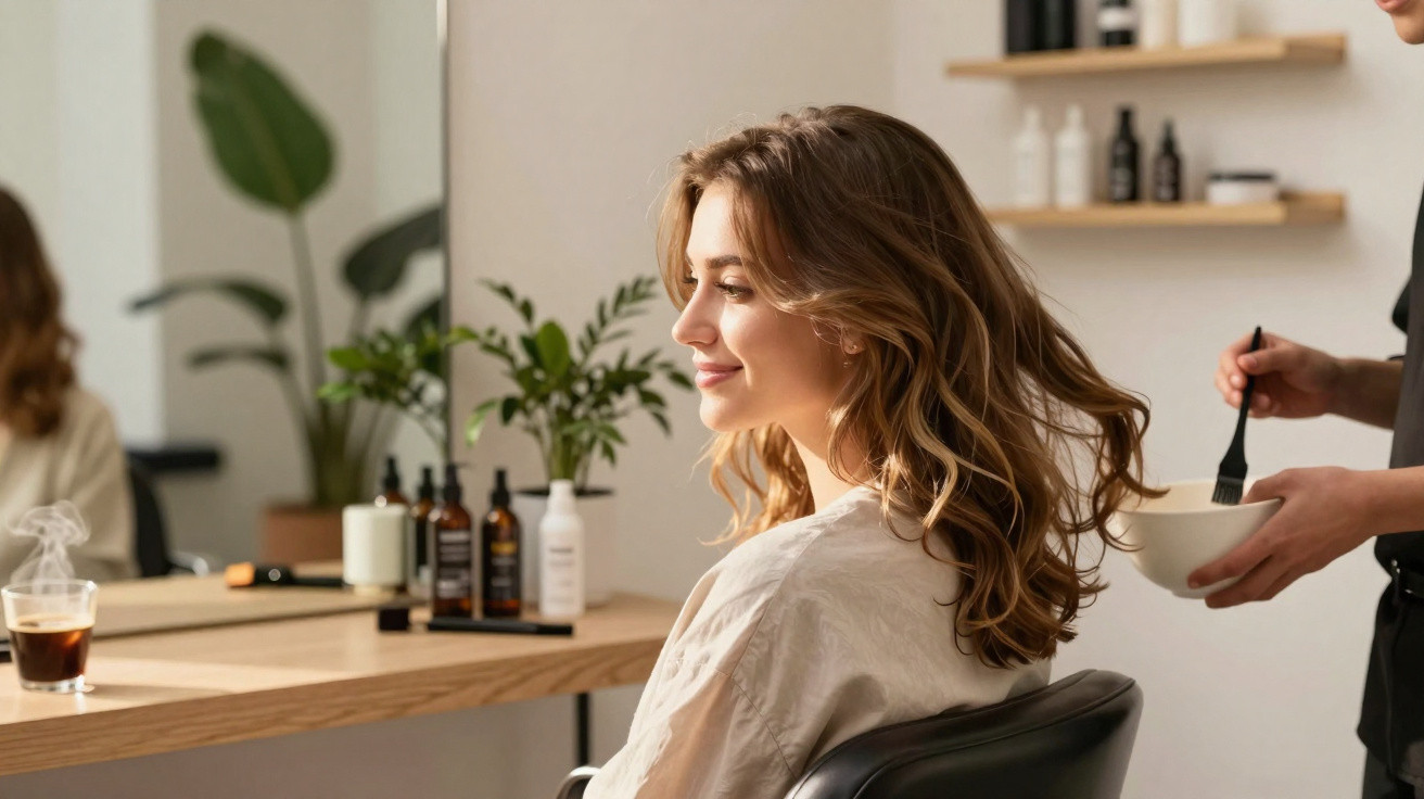Mulher sorridente sentada em cadeira de salão com cabeleireiro aplicando produto no cabelo.