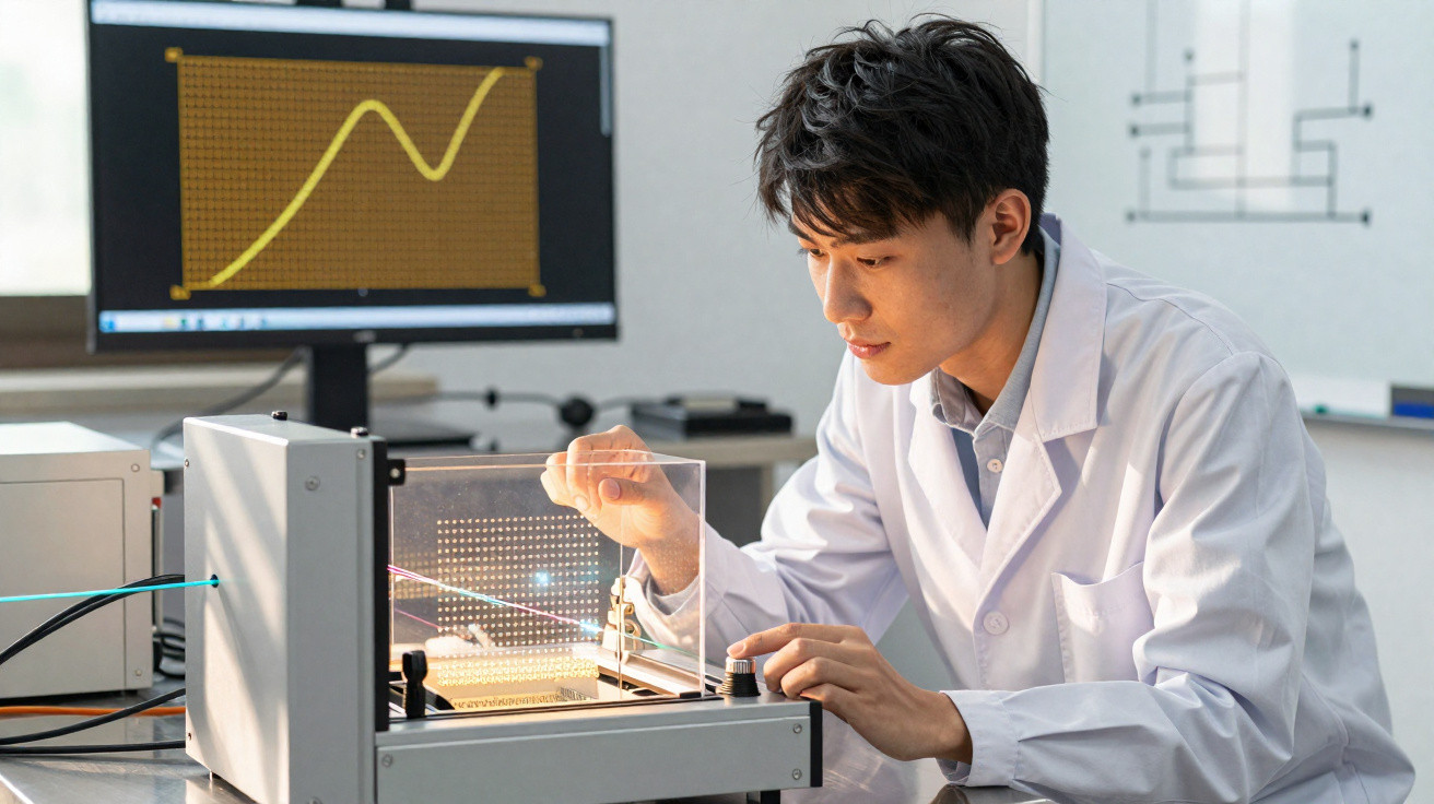 Cientista em jaleco branco trabalhando com equipamentos e gráficos em laboratório tecnológico.