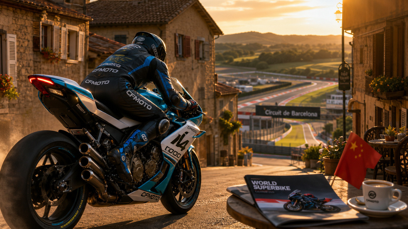 Motociclista com roupa azul e preta em moto esportiva azul, na rua de pedra com pôr do sol e pista de corrida ao fundo.