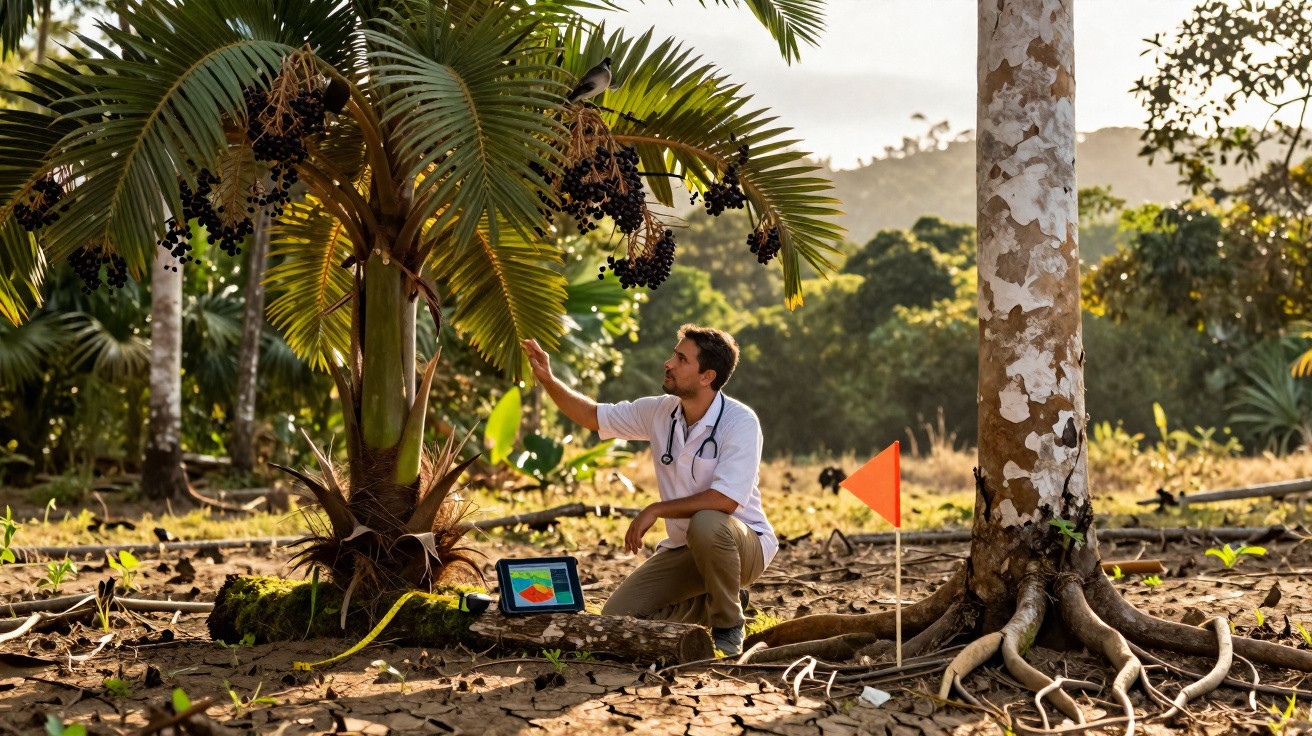 Homem com jaleco analisando planta em área aberta com tablet e bandeira laranja no solo.