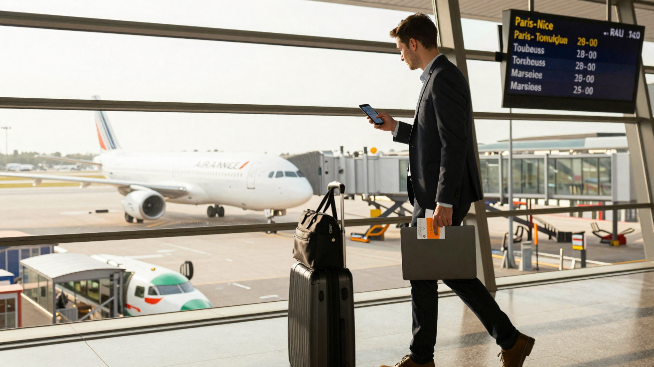 Homem de negócios no aeroporto com smartphone, passagem na mão e mala, avião ao fundo.