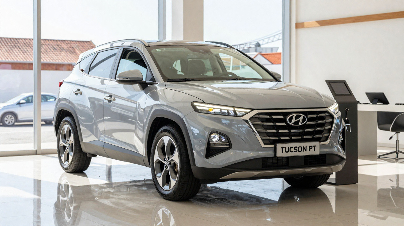 Carro SUV Hyundai Tucson PT cinza exibido em showroom com piso refletivo e janelas grandes ao fundo.