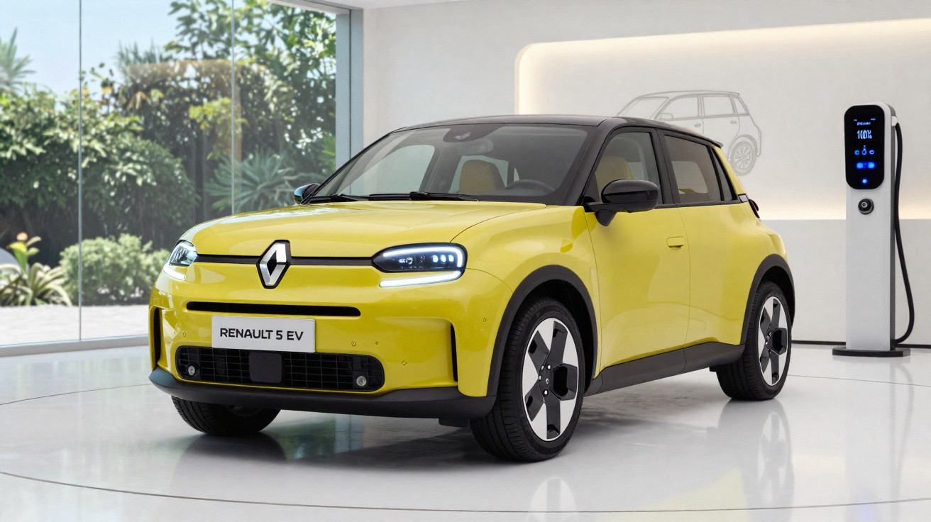 Carro elétrico Renault 5 EV amarelo em ambiente interno moderno, próximo a estação de recarga.