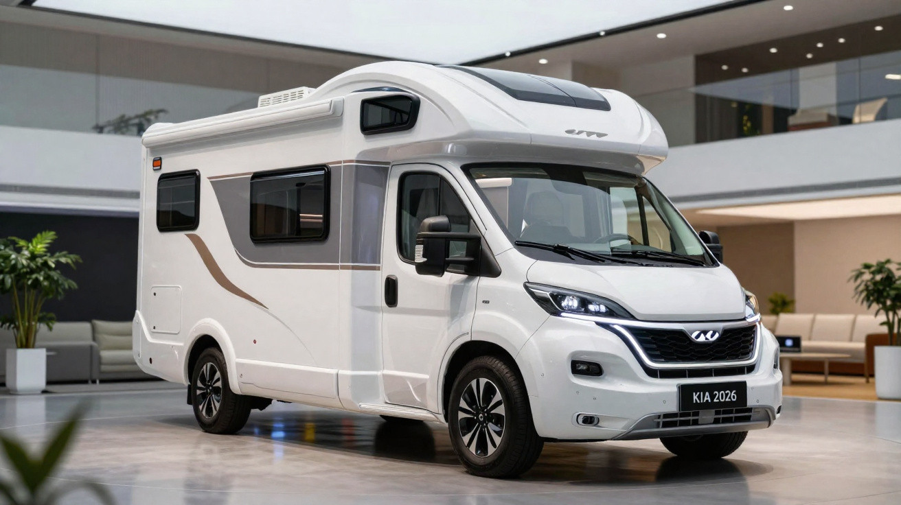 Motorhome branco modelo KIA 2026 estacionado em ambiente interno moderno e iluminado.